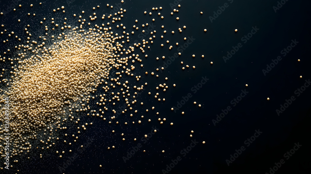 Tiny amaranth seeds in light beige, scattered across a dark background, focusing on their natural appearance and texture. Tiny amaranth seeds in light beige, scattered across a dark background, focusing on their natural appearance and texture.