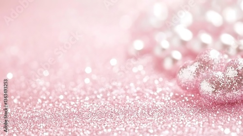 Pink glittering surface with delicate sparkling and blurred heart decorations