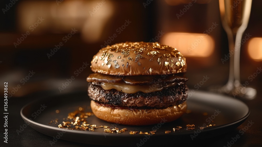 Gourmet Burger with Gold Leaf and Truffle on Elegant Black Plate Gourmet Burger with Gold Leaf and Truffle on Elegant Black Plate