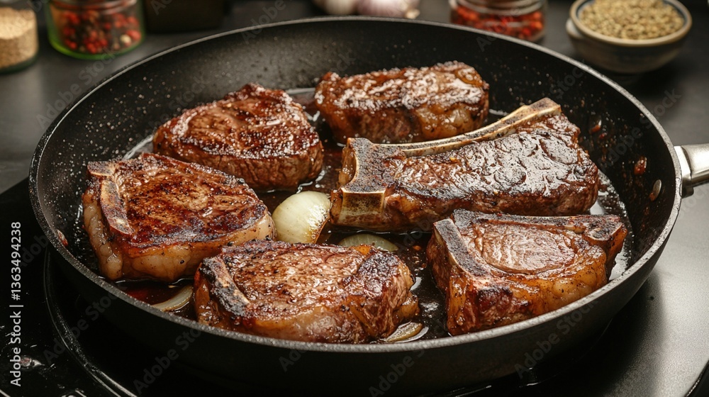Fototapeta premium Searing steaks in a pan