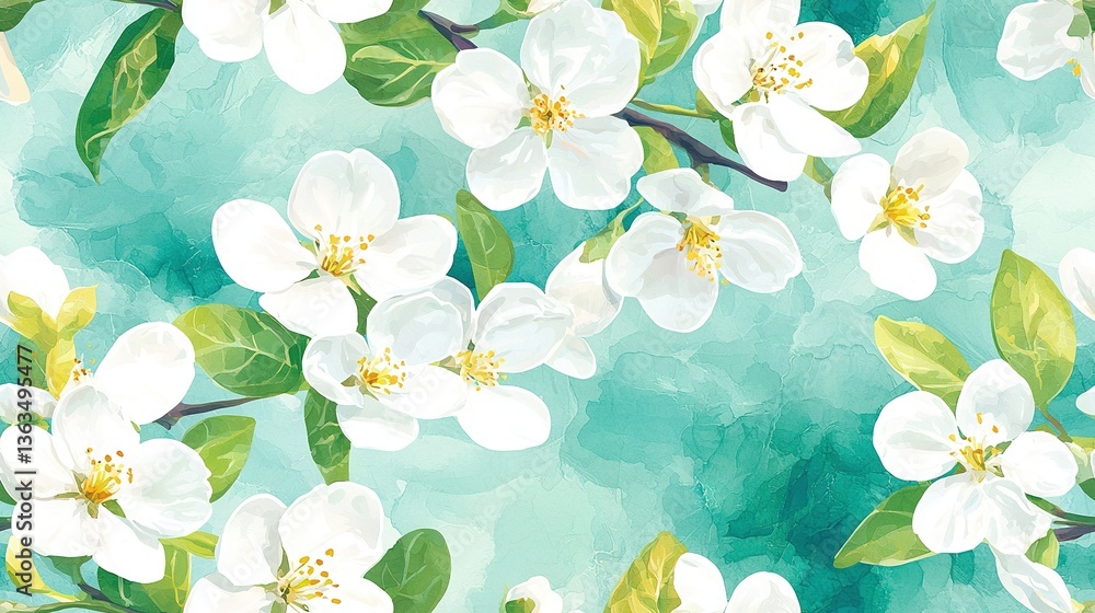 Obraz premium A painting featuring white flowers against a green leaf backdrop on a blue watercolor canvas with a harmonious green and white watercolor background