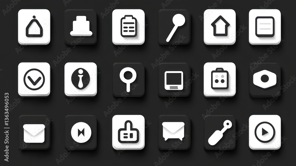 White and black square icons; app interface design; dark background; website development White and black square icons; app interface design; dark background; website development