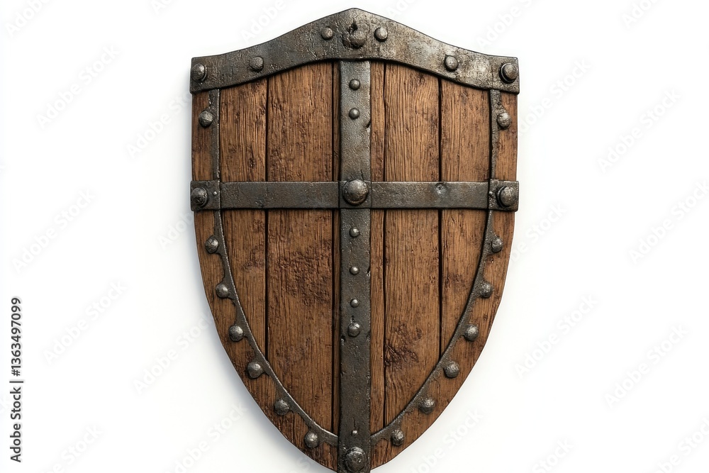 Fototapeta premium Wooden Shield with Metal Accents Isolated on White Background for Design