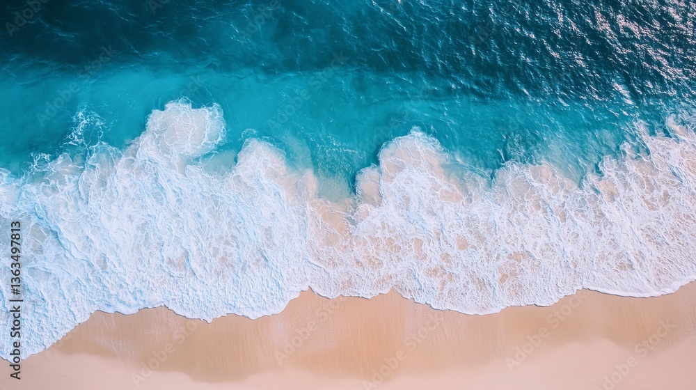 Aerial view of a serene sandy beach with crystal-clear, sunlit waves gently rolling onto the shore--capturing the essence of a summer getaway, spa ambiance, and natural beauty with ample copy space Aerial view of a serene sandy beach with crystal-clear, sunlit waves gently rolling onto the shore--capturing the essence of a summer getaway, spa ambiance, and natural beauty with ample copy space