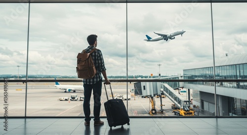 Man at airport watching plane take off - travel concept
