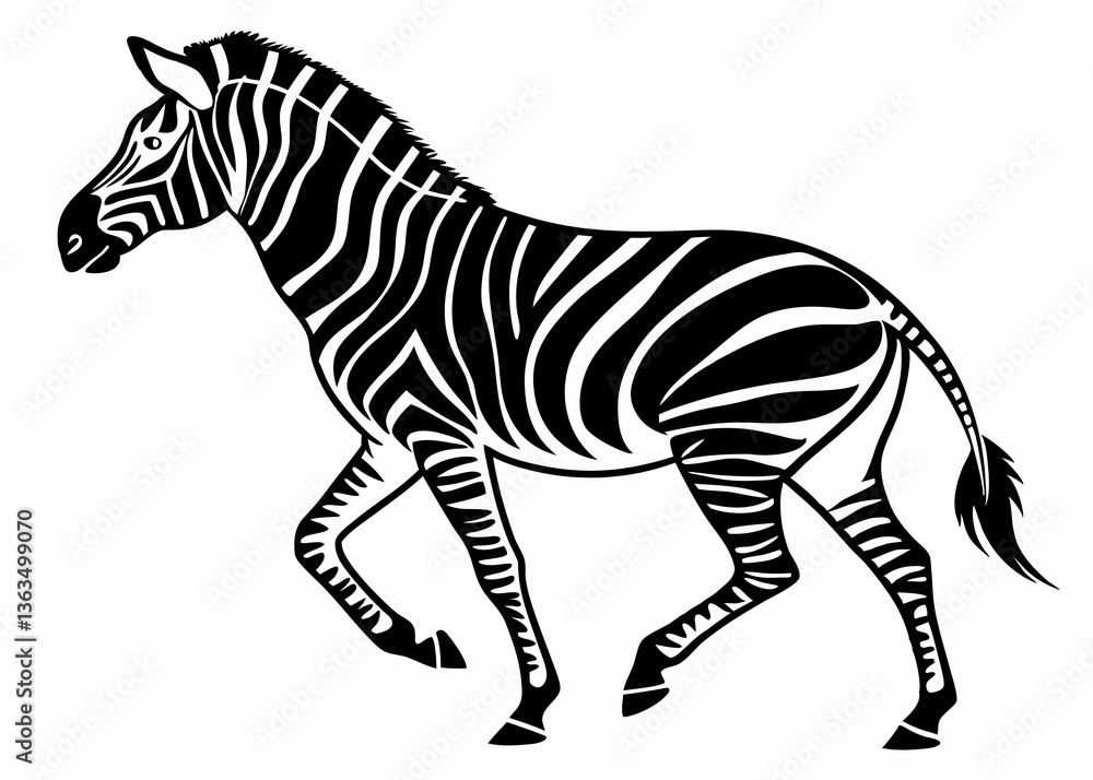 Obraz premium Zebra silhouette in side profile with arched back and classic striped body design isolated on white