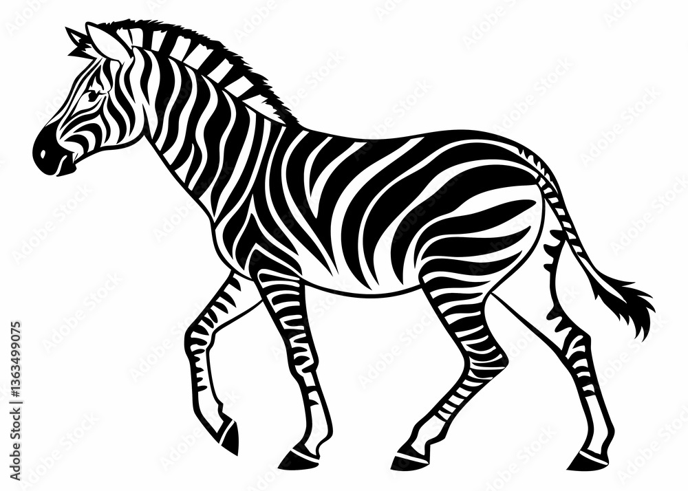 Obraz premium Side facing zebra silhouette with lifted front leg and dense stripe pattern in bold vector art style