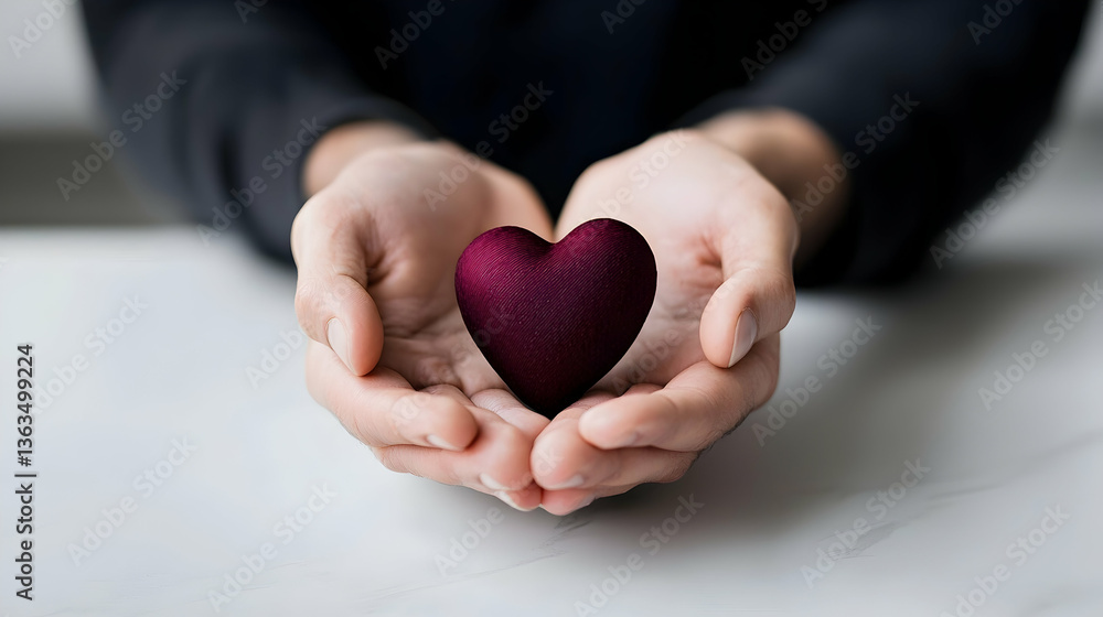 Closeup of Two Hands Gently Holding a Deep Red Textured Heart Closeup of Two Hands Gently Holding a Deep Red Textured Heart