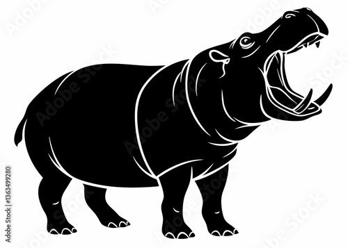 Black hippo silhouette with open mouth and raised head roaring in bold vector style on white background

