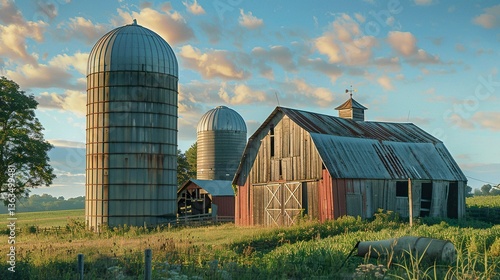 A photo of barns and silos