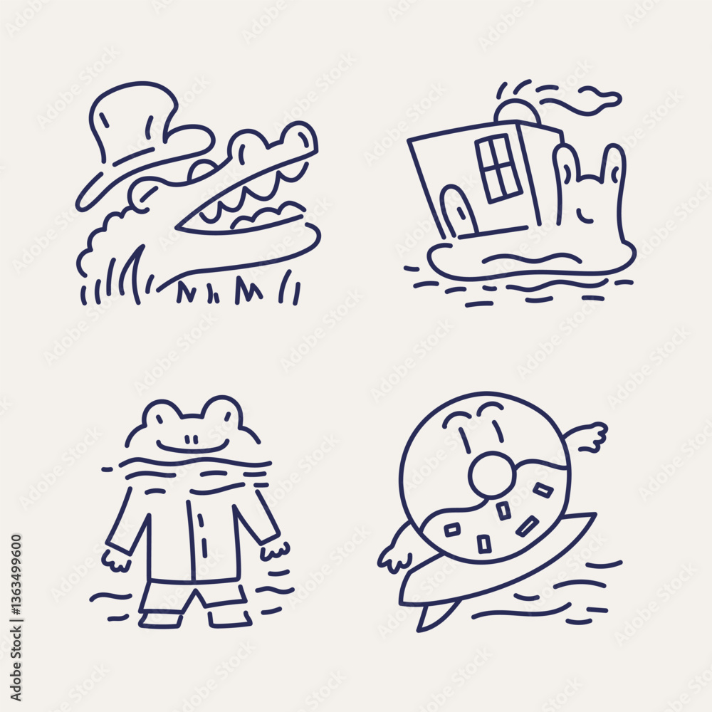 A collection of whimsical doodles featuring a crocodile in a hat, a melting house, a frog in a coat, and a cheerful donut A collection of whimsical doodles featuring a crocodile in a hat, a melting house, a frog in a coat, and a cheerful donut