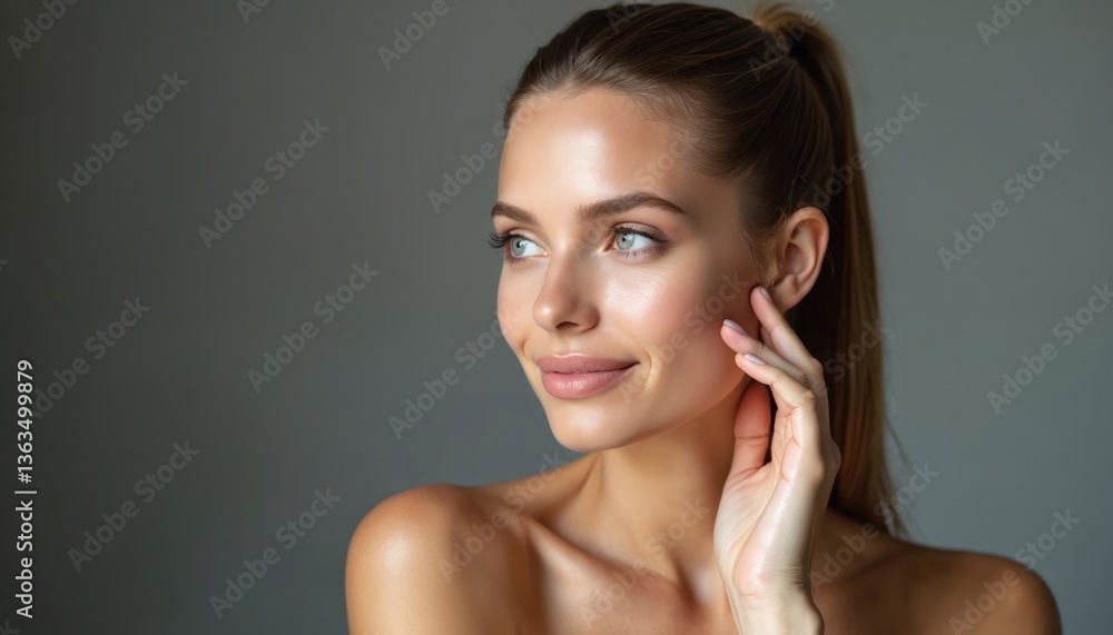 Young woman face portrait on grey background with healthy skin. Beautiful model wearing no make-up, touching face. Skincare, spa, beauty. Natural look, clean skin, front view of woman with brown hair. Young woman face portrait on grey background with healthy skin. Beautiful model wearing no make-up, touching face. Skincare, spa, beauty. Natural look, clean skin, front view of woman with brown hair.