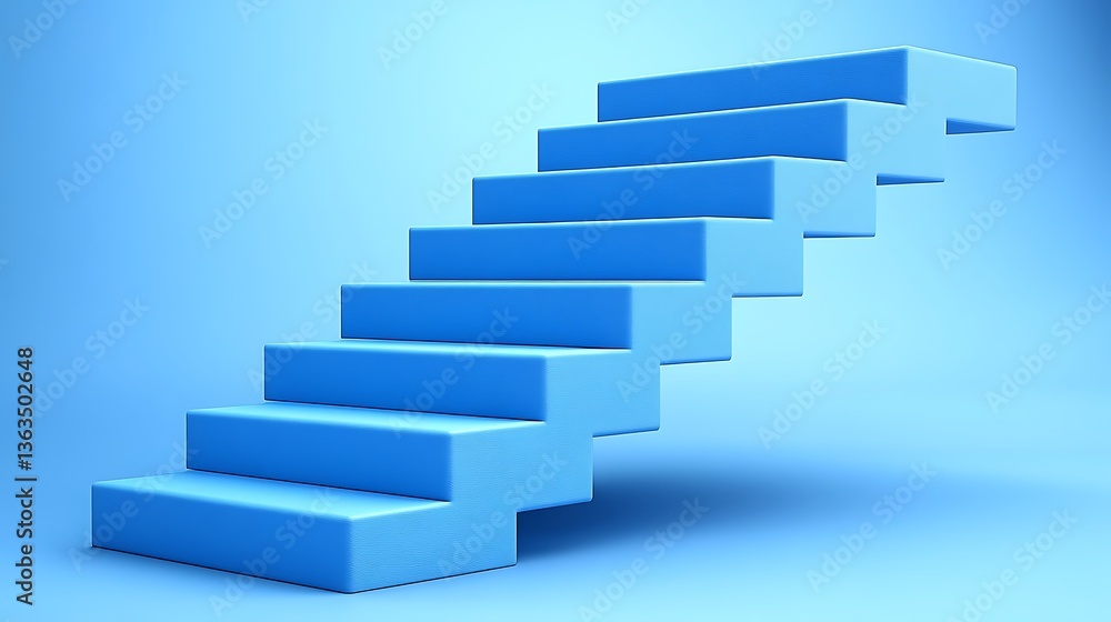 A blue colored ascending staircase on a gradient light background A blue colored ascending staircase on a gradient light background