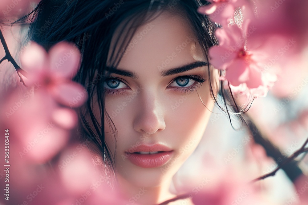 Commercial promotion creative. Spring mood, soft daylight and fog. Gorgeous caucasian young woman surrounded by cherry blossoms. Beautiful woman in cherry blossoms. Commercial promotion creative. Spring mood, soft daylight and fog. Gorgeous caucasian young woman surrounded by cherry blossoms. Beautiful woman in cherry blossoms.
