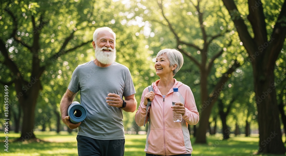 Obraz premium Happy Senior Couple Enjoying Outdoor Fitness and Wellness in a Lush Green Park, Walking, Carrying Yoga Mat and Water Bottle