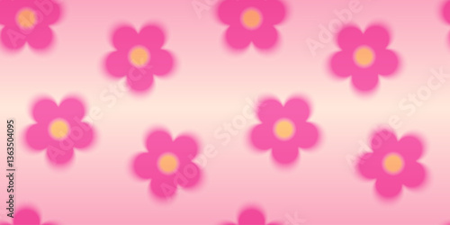 Blurred gradient daisy flowers vector seamless pattern, pink yellow chamomile with aura, Y2K soft blossom plant design