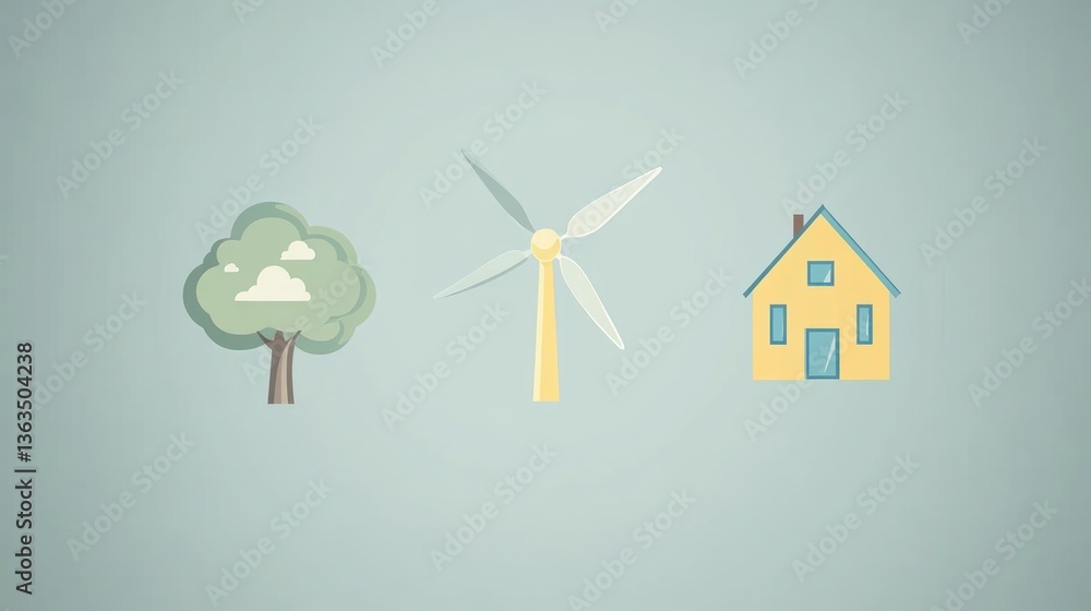 Naklejka premium Green energy home, wind turbine, tree, illustration
