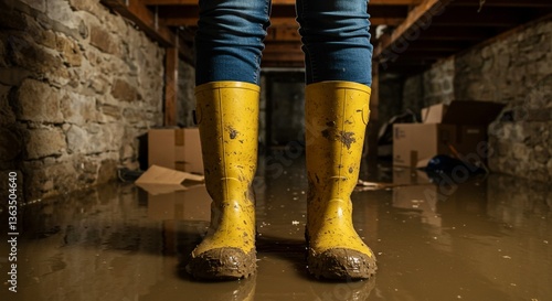 Flooded basement with yellow rubber boots - water damage