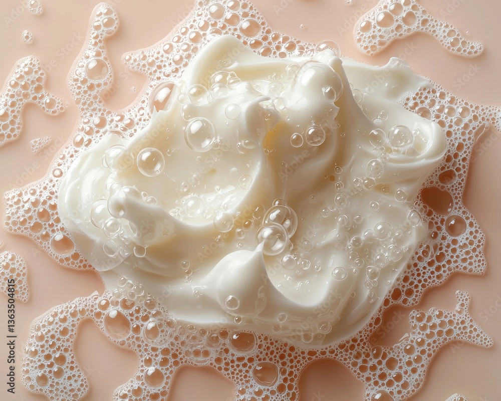 Fototapeta premium Creamy foam with bubbles on a soft pastel background, ideal for skincare products