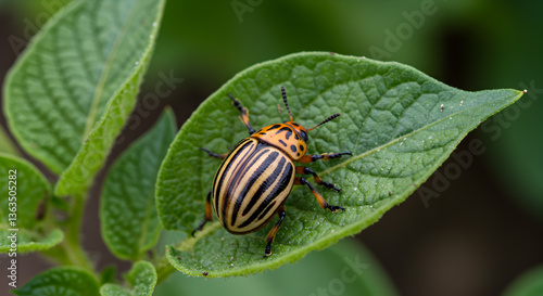 Colorado potato beetle resting on a vibrant green potato plant leaf outdoors