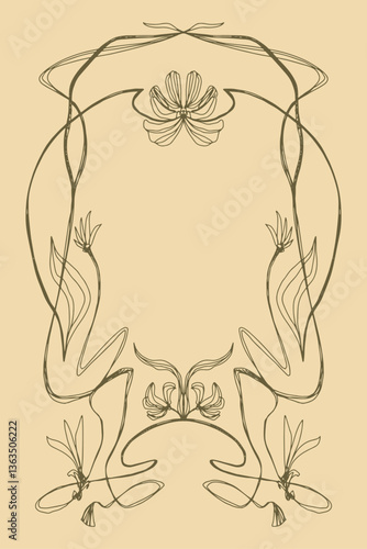 Art Nouveau line drawing handmade scribble sketch frame isolated on background. Elegant modern decorative minimalistic design element, vector vintage invitation template, retro party design old-school