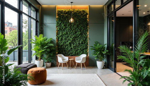 Modern lounge area with Urban jungle vibes and a living green wall