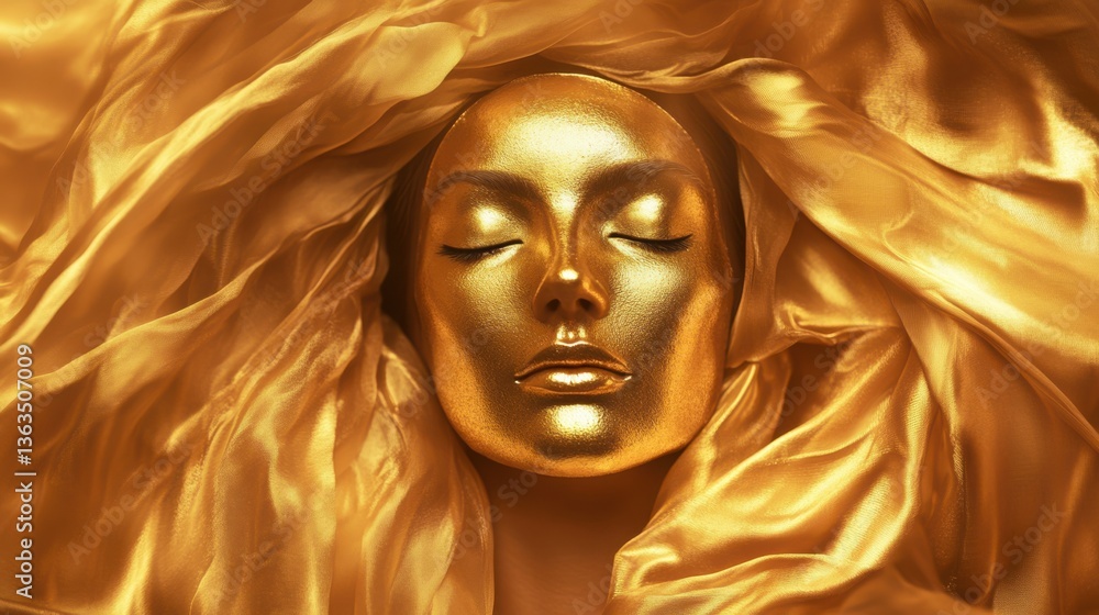 A divine woman with a radiant golden face mask, wrapped in flowing silk fabric, illuminated by soft, ethereal light. The image embodies luxury, self-care, and feminine empowerment. A divine woman with a radiant golden face mask, wrapped in flowing silk fabric, illuminated by soft, ethereal light. The image embodies luxury, self-care, and feminine empowerment.