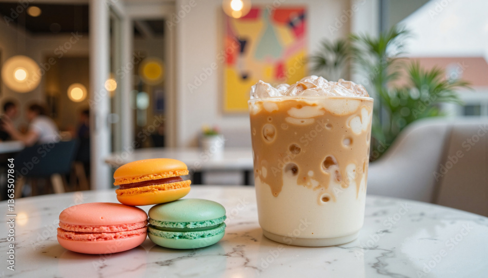 Fototapeta premium Iced coffee drink with colorful macarons in a cafe setting