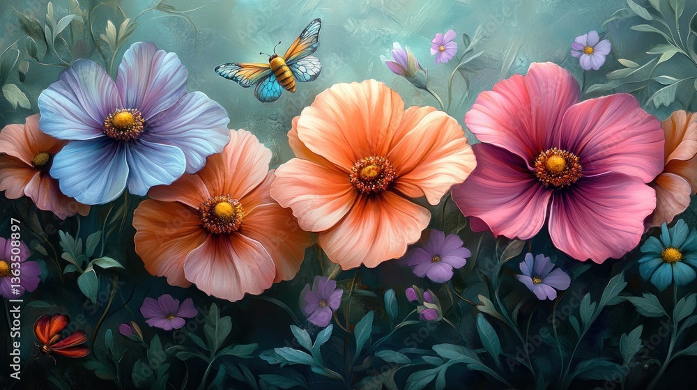 Vibrant pastel flowers with butterfly, artistic floral illustration. Vibrant pastel flowers with butterfly, artistic floral illustration.