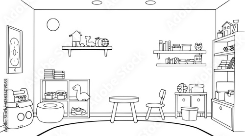 Minimalist children's playroom outline with toys and shelves clean vector illustration.