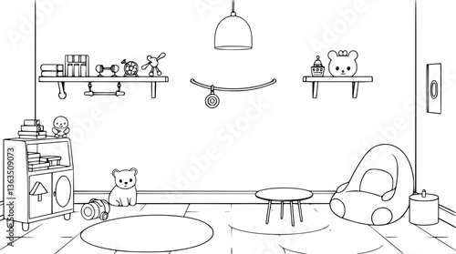 Minimalist children's playroom outline with toys and shelves clean vector illustration.