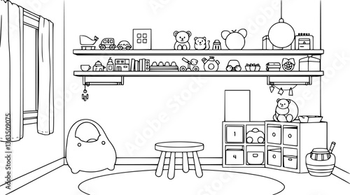 Minimalist children's playroom outline with toys and shelves clean vector illustration.