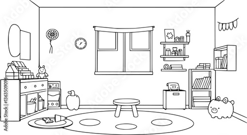 Minimalist children's playroom outline with toys and shelves clean vector illustration.