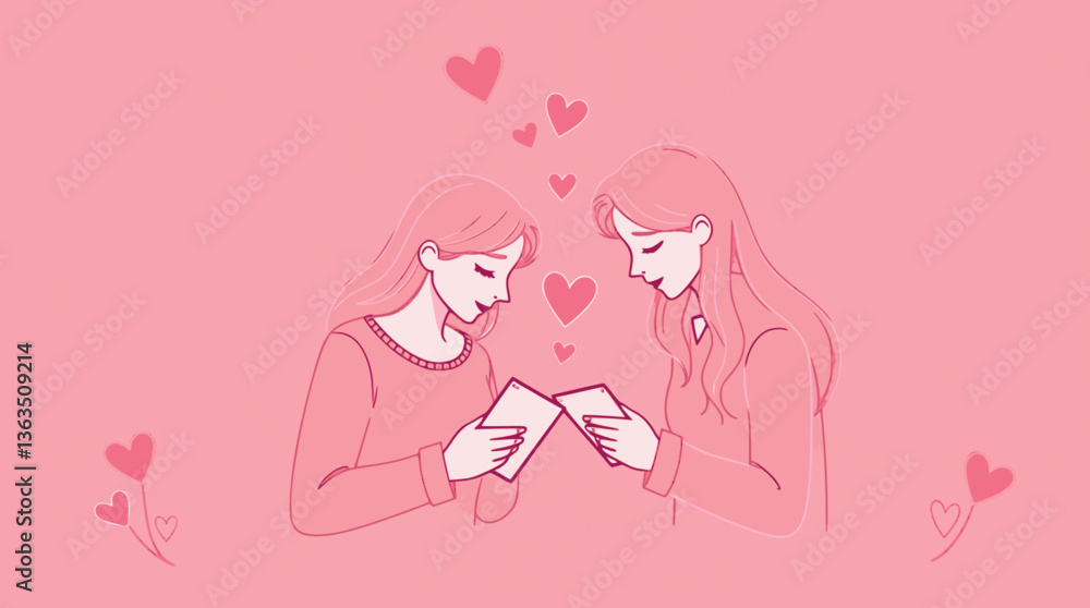 Outline illustration of a couple writing love notes to each other romantic expression vector art Outline illustration of a couple writing love notes to each other romantic expression vector art