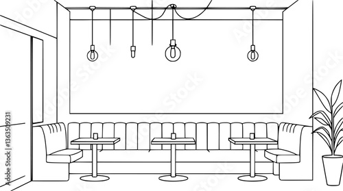 Outline of a stylish café interior with hanging lights and small tables vector design.