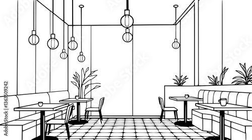 Outline of a stylish café interior with hanging lights and small tables vector design.