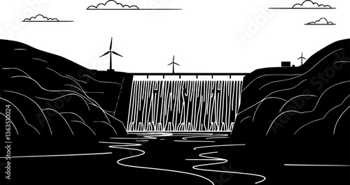Outline of a hydroelectric power plant minimal renewable energy industry vector design