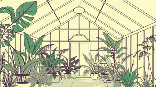 Outline of a greenhouse interior with tropical plants simple vector illustration.