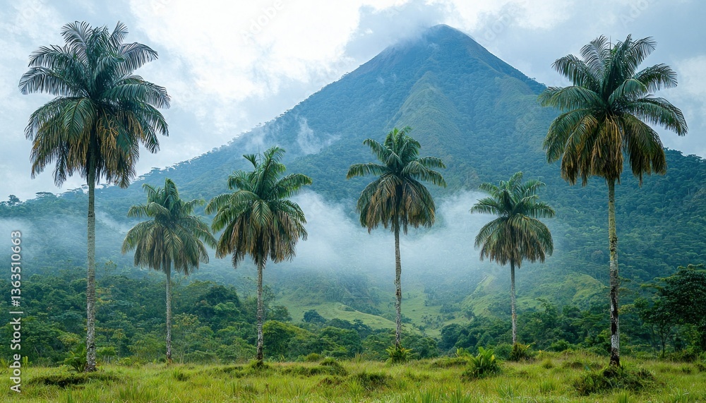 Majestic Volcano and Palm Trees in a Tropical Paradise Majestic Volcano and Palm Trees in a Tropical Paradise
