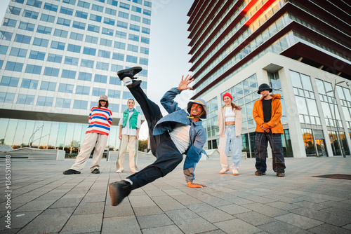 фотографія Energetic young people showcasing incredible breakdancing skills in urban enviro