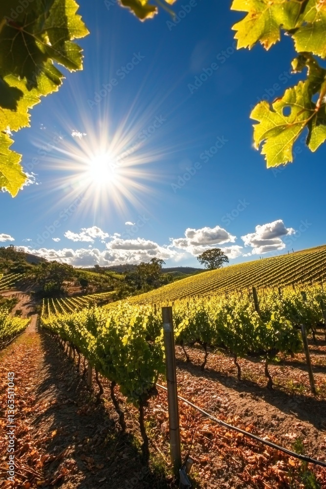 Naklejka premium Vibrant grapevines basking in the summer warmth and sunlight.
