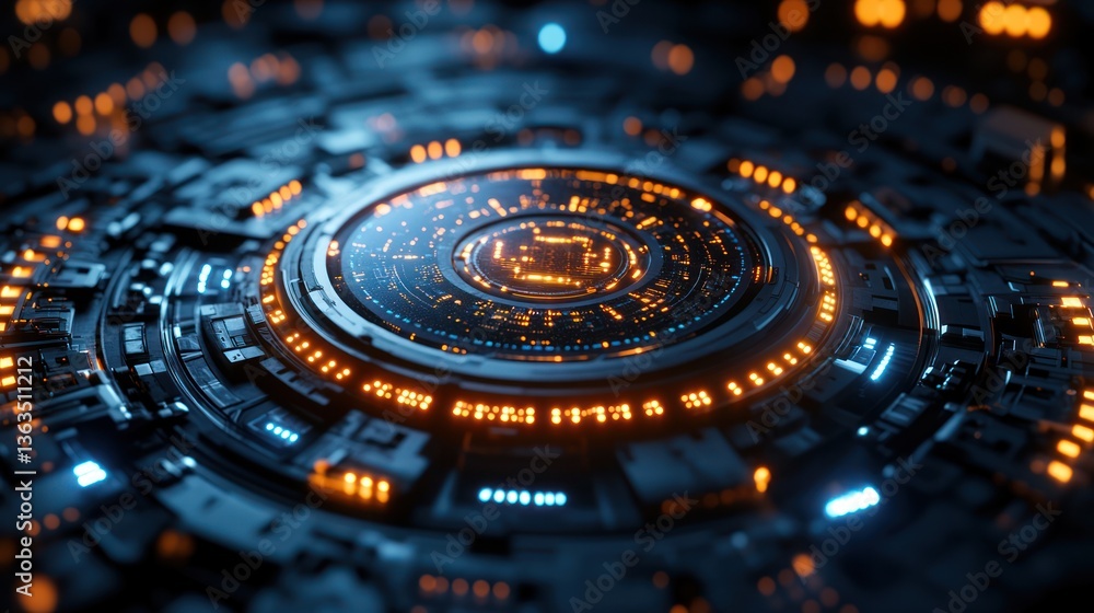 Futuristic circular technological interface with glowing orange and blue lights. Futuristic circular technological interface with glowing orange and blue lights.