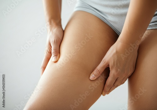 Woman gently massaging her thigh to relieve muscle tension and discomfort