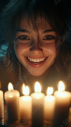 Wallpaper Mural Smiling young woman surrounded by glowing candles in a dimly lit room at night Torontodigital.ca