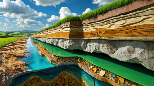 3D cutaway cross-section of soil layers with underground water and plant roots above river
