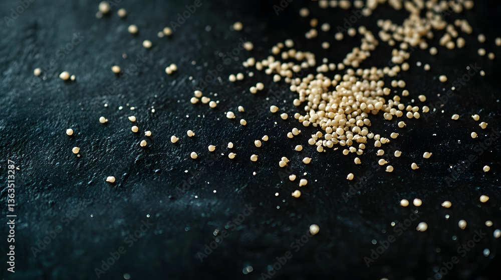 Amaranth seeds spread across a dark surface, their smooth cream texture and tiny size emphasizing their natural beauty.