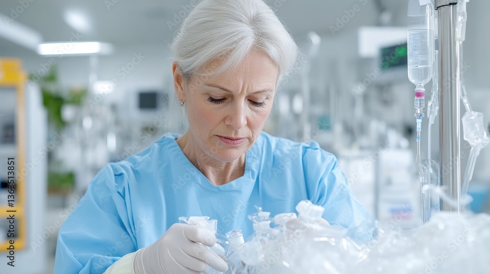 Fototapeta premium Focused medical professional meticulously working in a sterile hospital environment