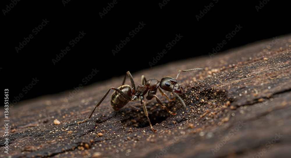 Obraz premium Carpenter ant constructing nest entrance in decay wood, black background, macro view