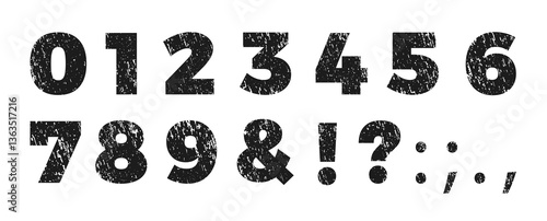 Numbers and punctuation marks rough texture font, grunge chalk stylized typographic numeric symbols, retro grainy type