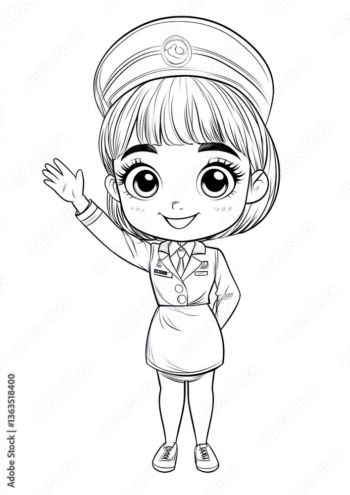 Smiling female officer waving, illustration, white background, children's book